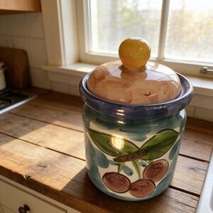 Hand Painted‎ Ceramic Cherry Canister Jar with Lid Teal Blue Farmhouse Decor